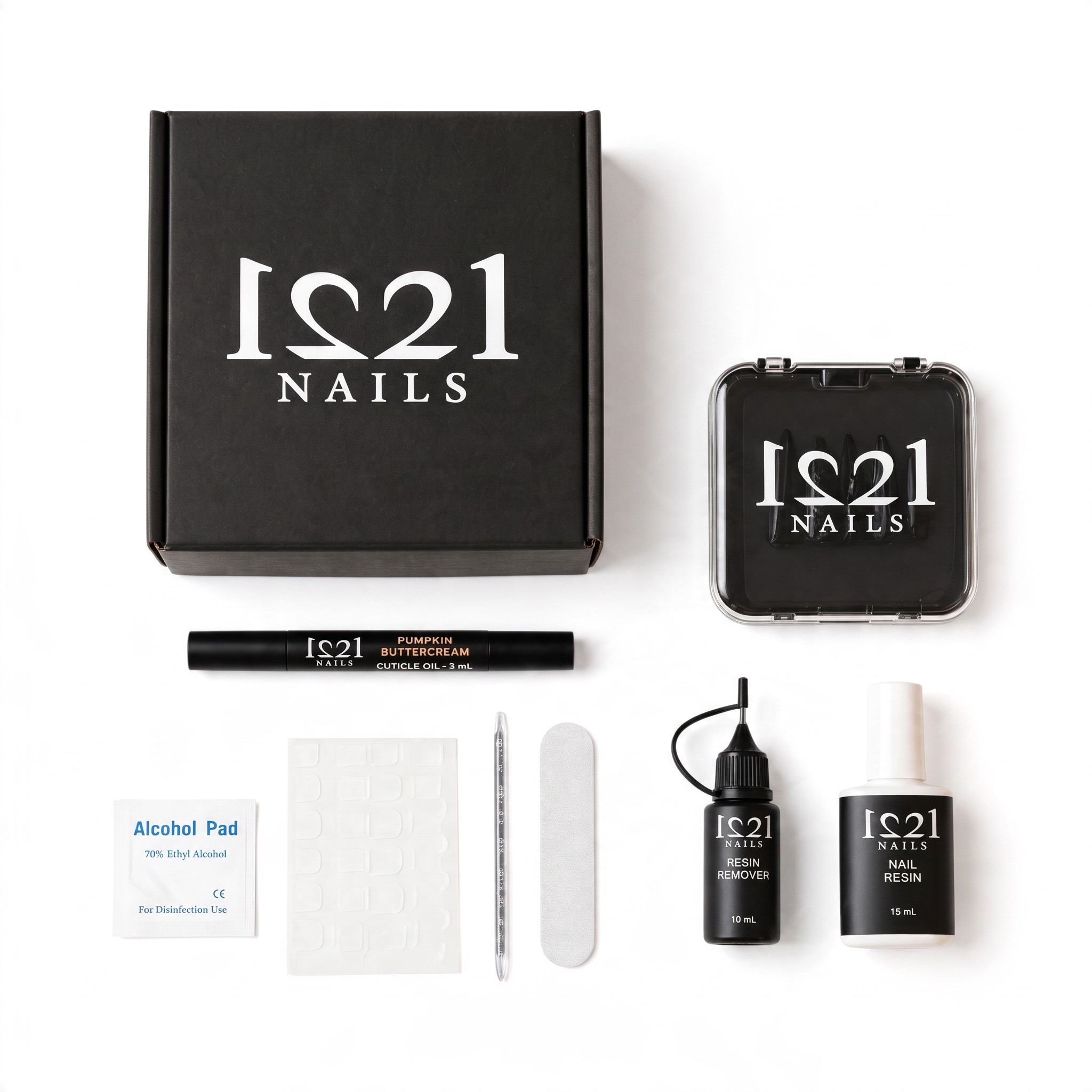 Starter Kit available choices: prep pad, nail tabs, pusher, file, black presentation box, Pumpkin Buttercream cuticle oil, resin remover, nail case and 15mL nail resin